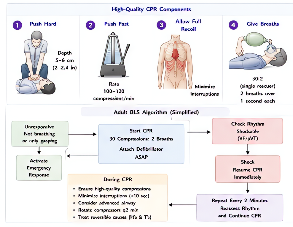 Cardiopulmonary resuscitation (CPR) in adults: high-quality compressions 100-120/min, depth 2-2.4 inches, full recoil, minimize interruptions, 30:2 ratio if no advanced airway, switch every 2 minutes.
