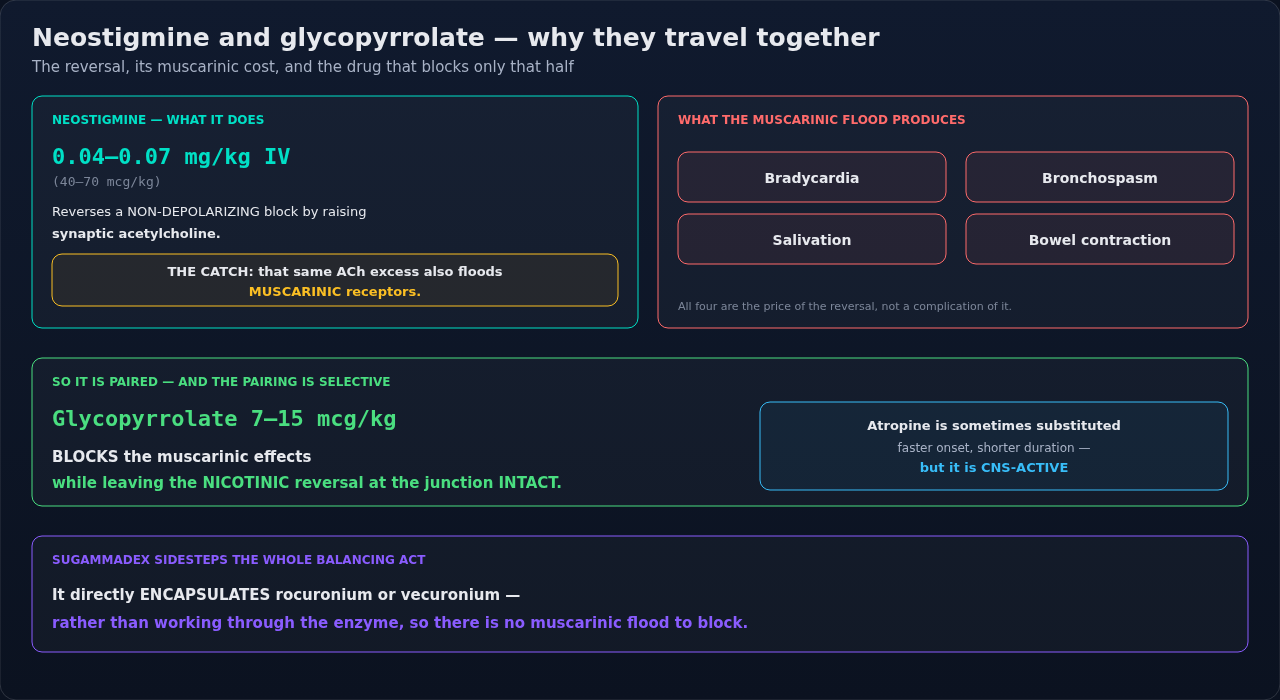 Why neostigmine is given with glycopyrrolate: what raising synaptic acetylcholine does at nicotinic versus muscarinic sites. Follow the two receptor paths separately; the pairing exists to split them.