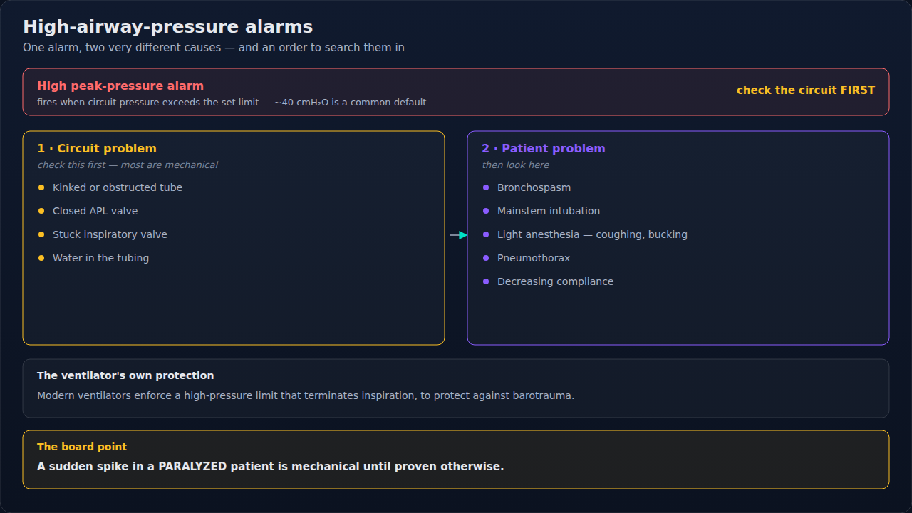 The high peak-pressure alarm and its differential, split into circuit causes and patient causes. Search the circuit side first — most causes are mechanical, and they are the fastest to rule out.