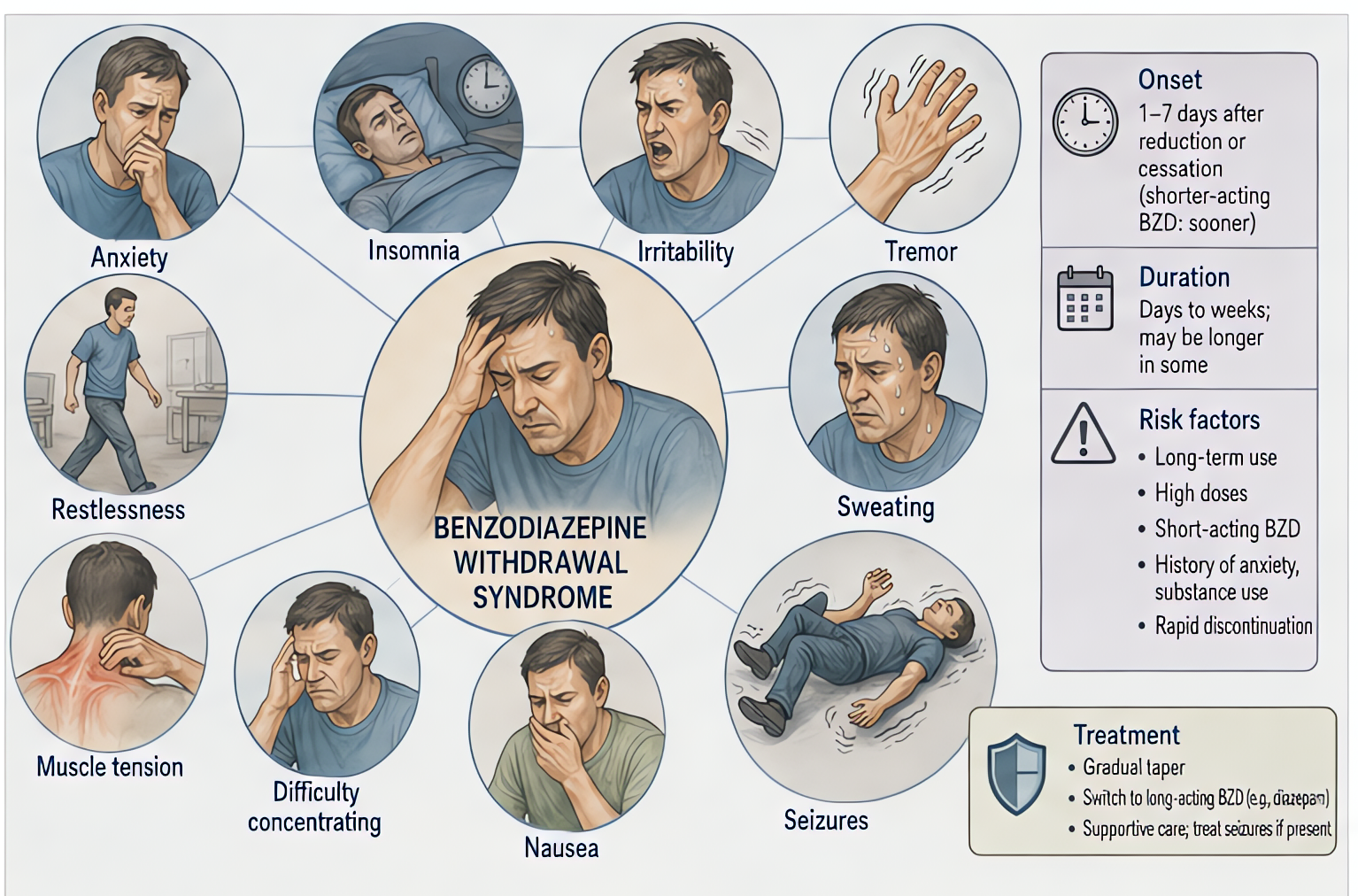 Benzodiazepine withdrawal syndrome: anxiety, insomnia, tremor, sweating, seizures, delirium; risk highest in long-term/high-dose use; taper rather than abrupt discontinuation, treat with long-acting b