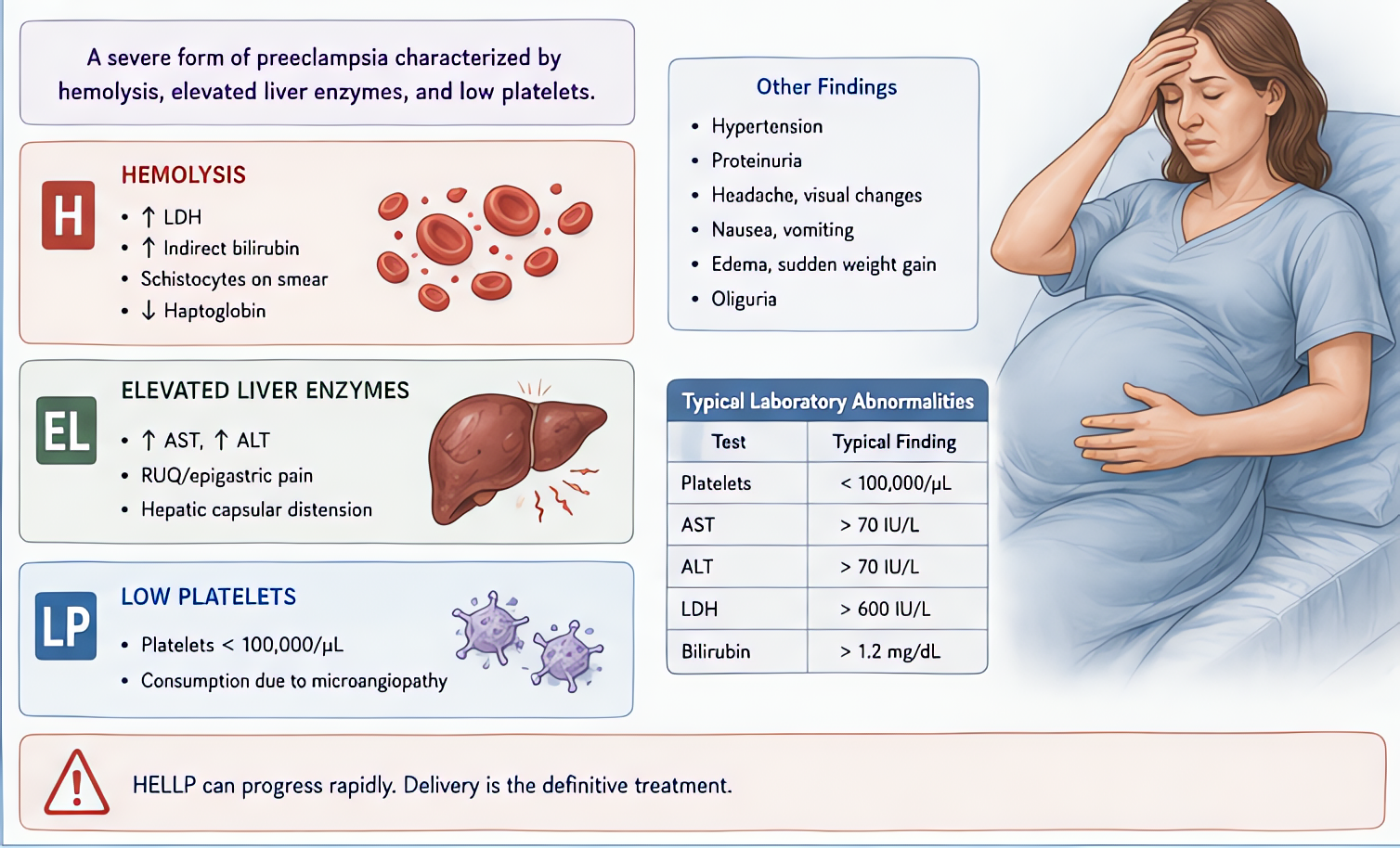 HELLP syndrome features: Hemolysis (LDH >600, schistocytes), Elevated Liver enzymes (AST/ALT >70), Low Platelets (<100K); severe preeclampsia variant; delivery is definitive treatment.
