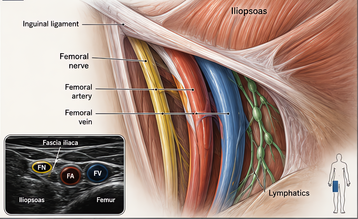 Femoral nerve anatomy (NAVL mnemonic): nerve lies lateral to femoral artery, vein and lymphatics under inguinal ligament; lateral to medial = Nerve, Artery, Vein, Lymphatics; key for femoral block.