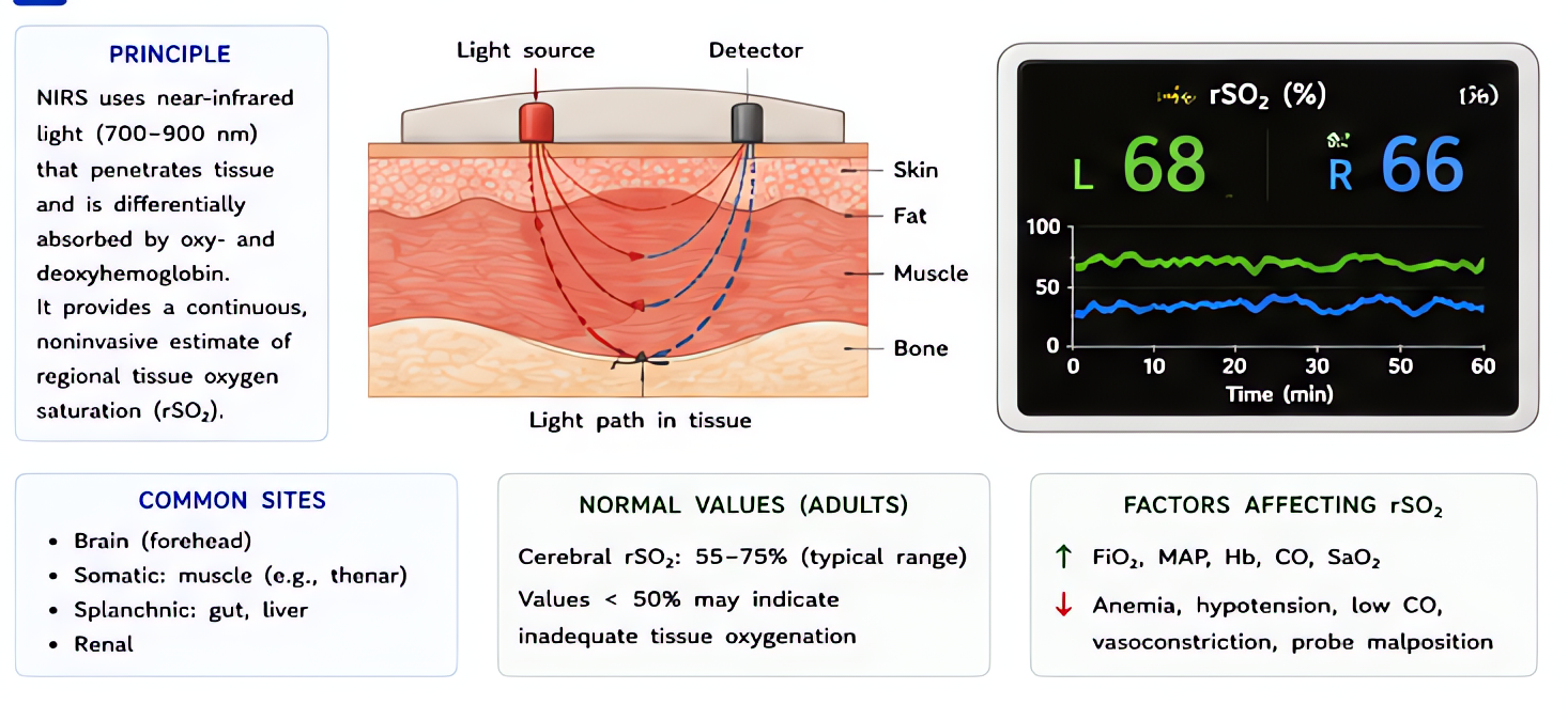 Near-infrared spectroscopy (NIRS) regional oxygen saturation: light source/detector pair, measures venous-weighted tissue O2 saturation, common in cardiac and pediatric anesthesia; affected by anemia,