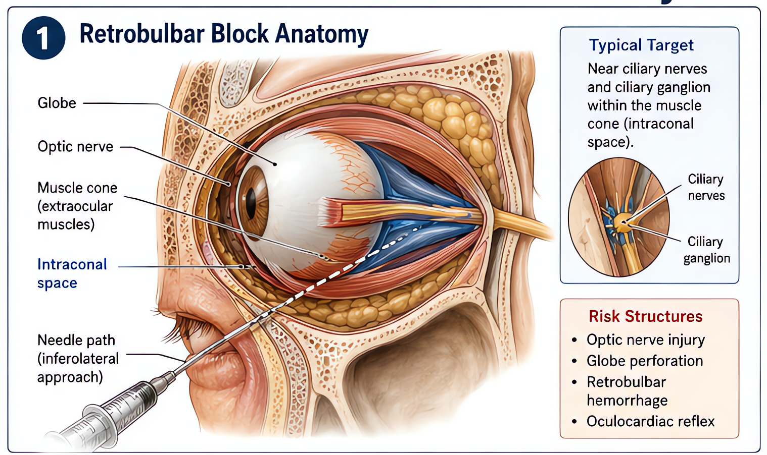 Retrobulbar block anatomy: needle passed inferotemporally into intraconal (muscle cone) space targeting ciliary ganglion; risks include optic nerve injury, globe perforation, retrobulbar hemorrhage, o