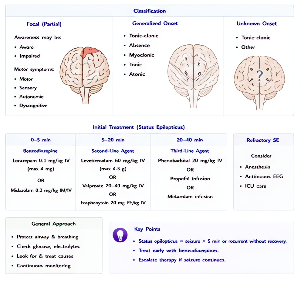 Seizure classification and initial treatment: focal vs generalized, status epilepticus (>=5 min or recurrent without recovery). First-line: lorazepam 0.1 mg/kg IV; second-line levetiracetam, fosphenyt