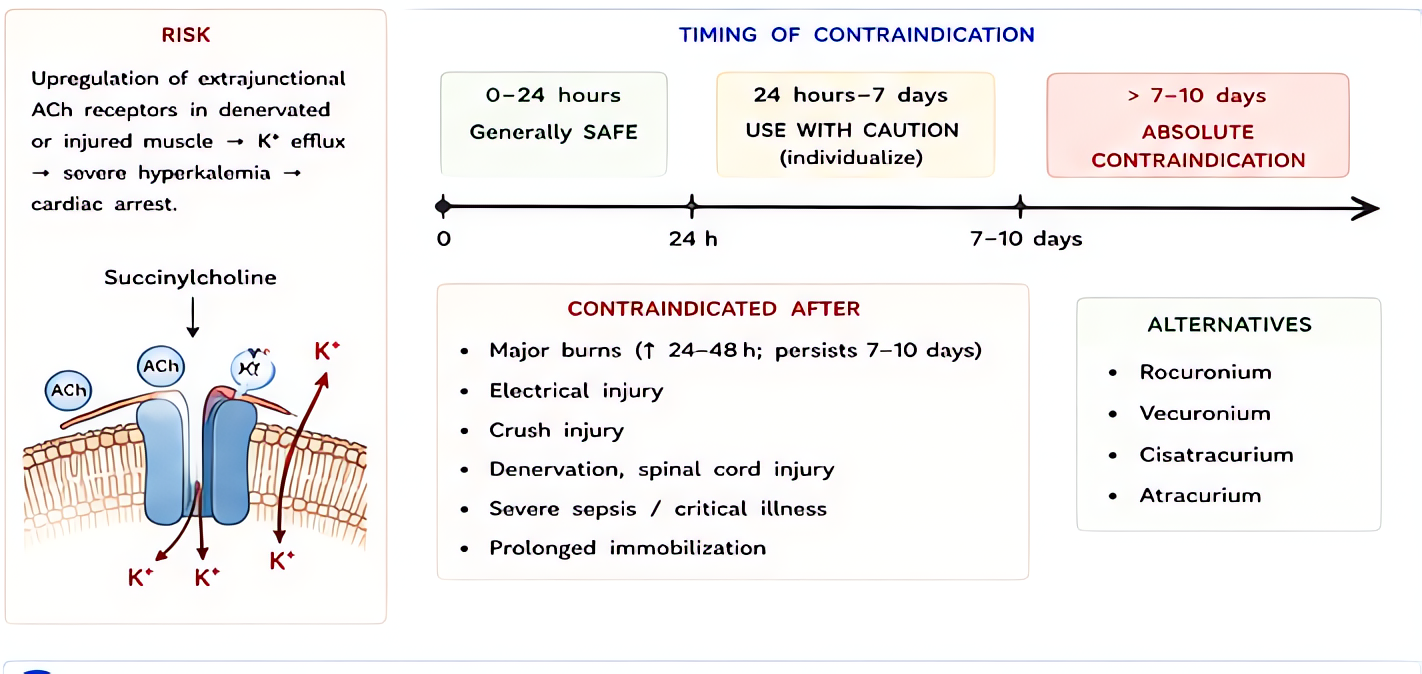 Succinylcholine hyperkalemia risk and contraindication timing: upregulation of extrajunctional ACh receptors after burns, denervation, crush/spinal cord injury, prolonged immobilization, or severe sep