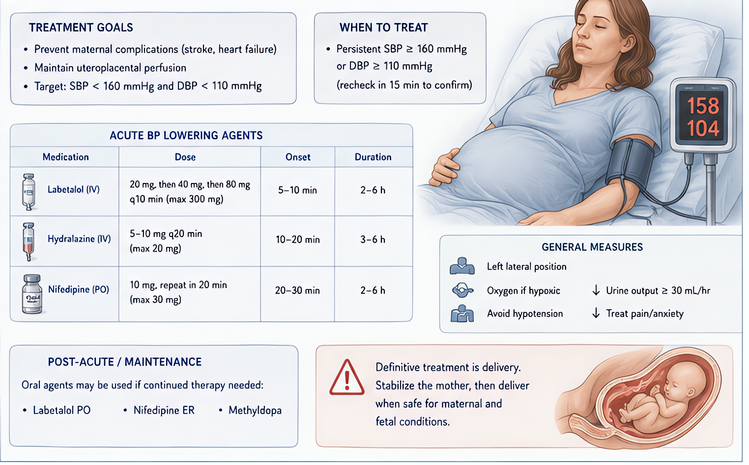 BP management in severe preeclampsia: treat persistent SBP >=160 or DBP >=110 within 15-60 min; first-line agents labetalol IV, hydralazine IV, or nifedipine PO; definitive treatment is delivery.