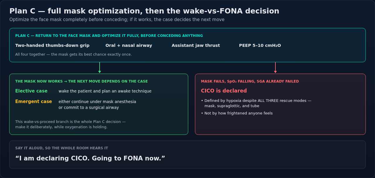 Plan C of the difficult airway algorithm: full face-mask optimization, then the fork between waking the patient and committing to a front-of-neck airway. Follow the branch conditions, not just the box