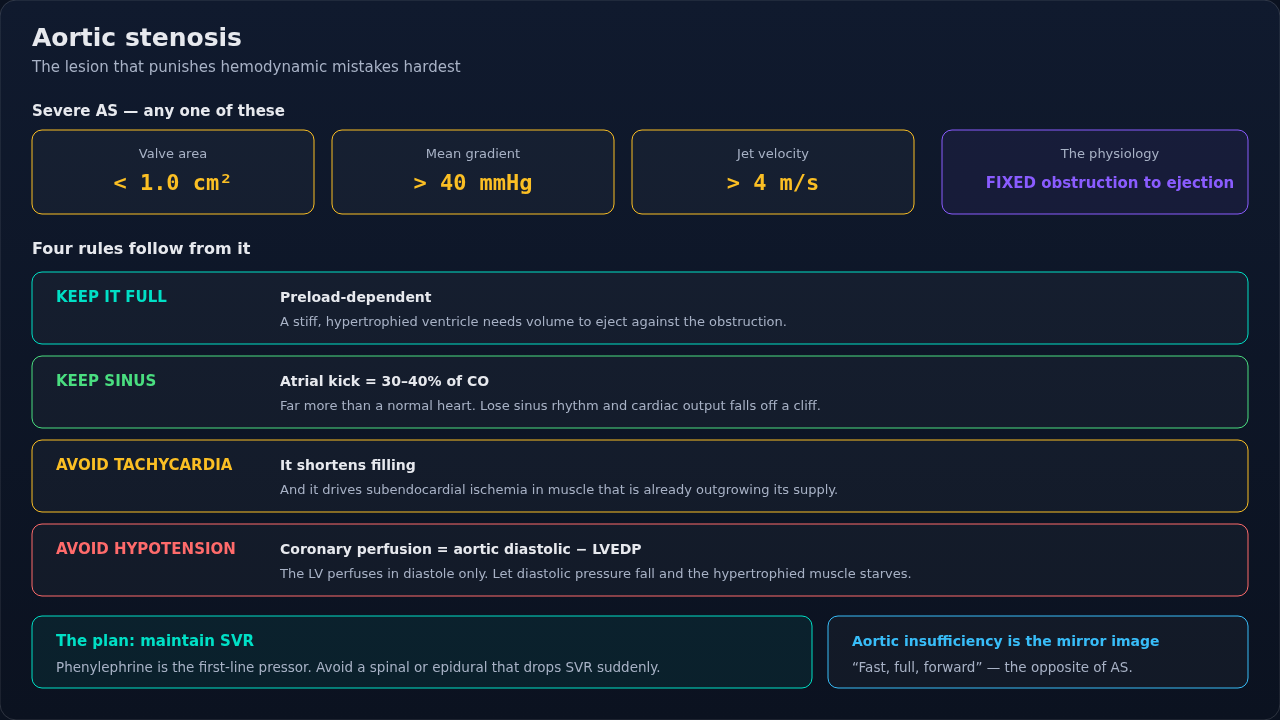 The three severity criteria and the four rules that follow from fixed obstruction — keep it full, keep sinus, avoid tachycardia, avoid hypotension — with phenylephrine first line.
