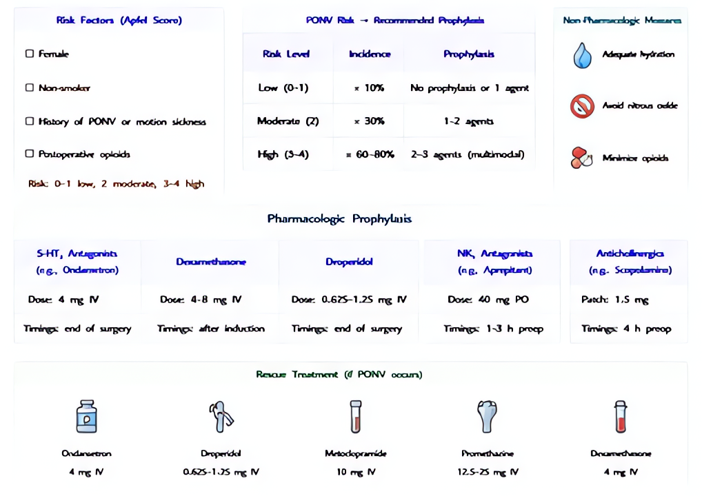 PONV management algorithm: stratify by Apfel risk, multimodal prophylaxis (different-class antiemetics for moderate/high risk), rescue with class-different drug at PACU. Includes ondansetron, dexameth