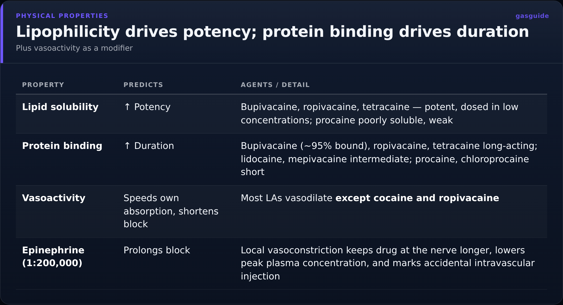 Lipophilicity drives potency; protein binding drives duration — Plus vasoactivity as a modifier