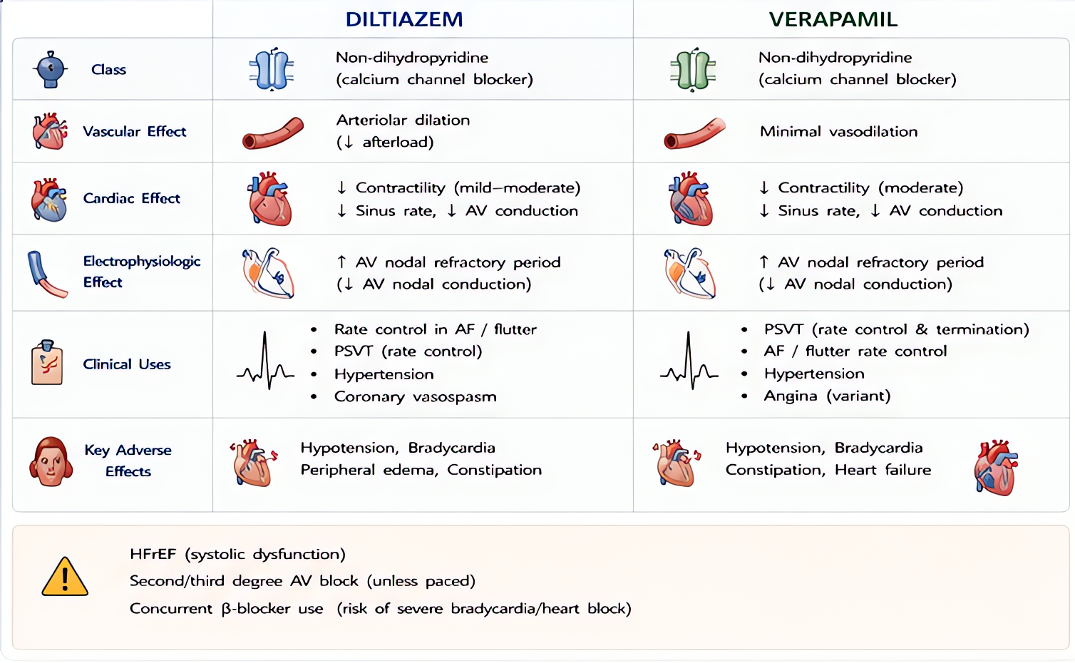 Calcium-channel blockers compared: diltiazem (rate control, modest vasodilation) vs verapamil (strong AV nodal block, negative inotropy). Both used for SVT/A-fib rate control; caution with HFrEF and c