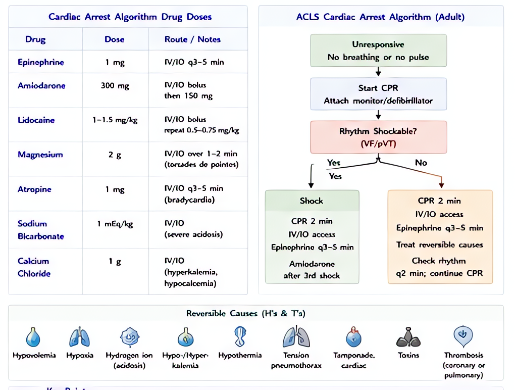 Advanced Cardiac Life Support (ACLS) key drugs and doses: epinephrine 1 mg IV every 3-5 min, amiodarone 300 mg then 150 mg for VF/pVT, atropine 1 mg for bradycardia, lidocaine alternative antiarrhythm