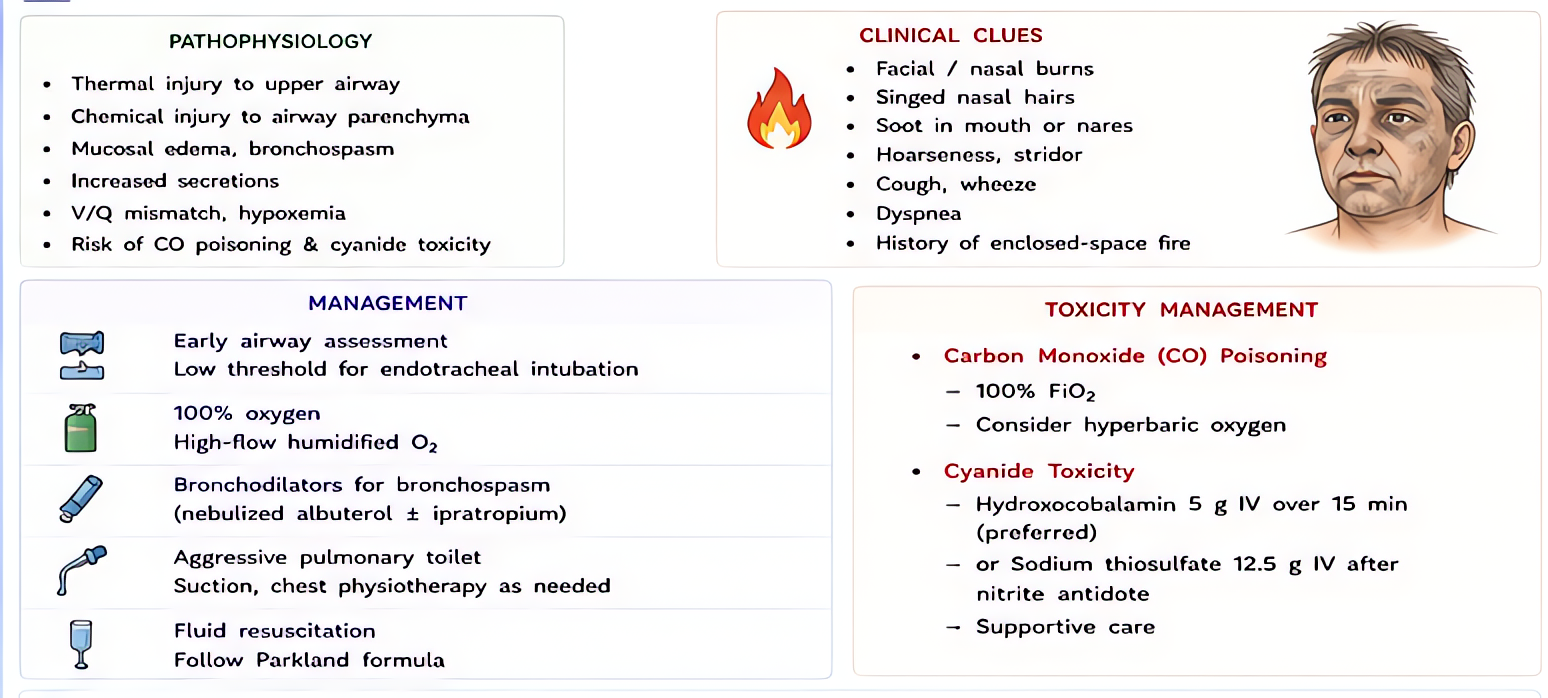 Inhalation (airway burn) injury: thermal/chemical injury to the upper airway - clinical clues (facial/singed nasal hairs, carbonaceous sputum, hoarseness, stridor), early intubation before edema devel