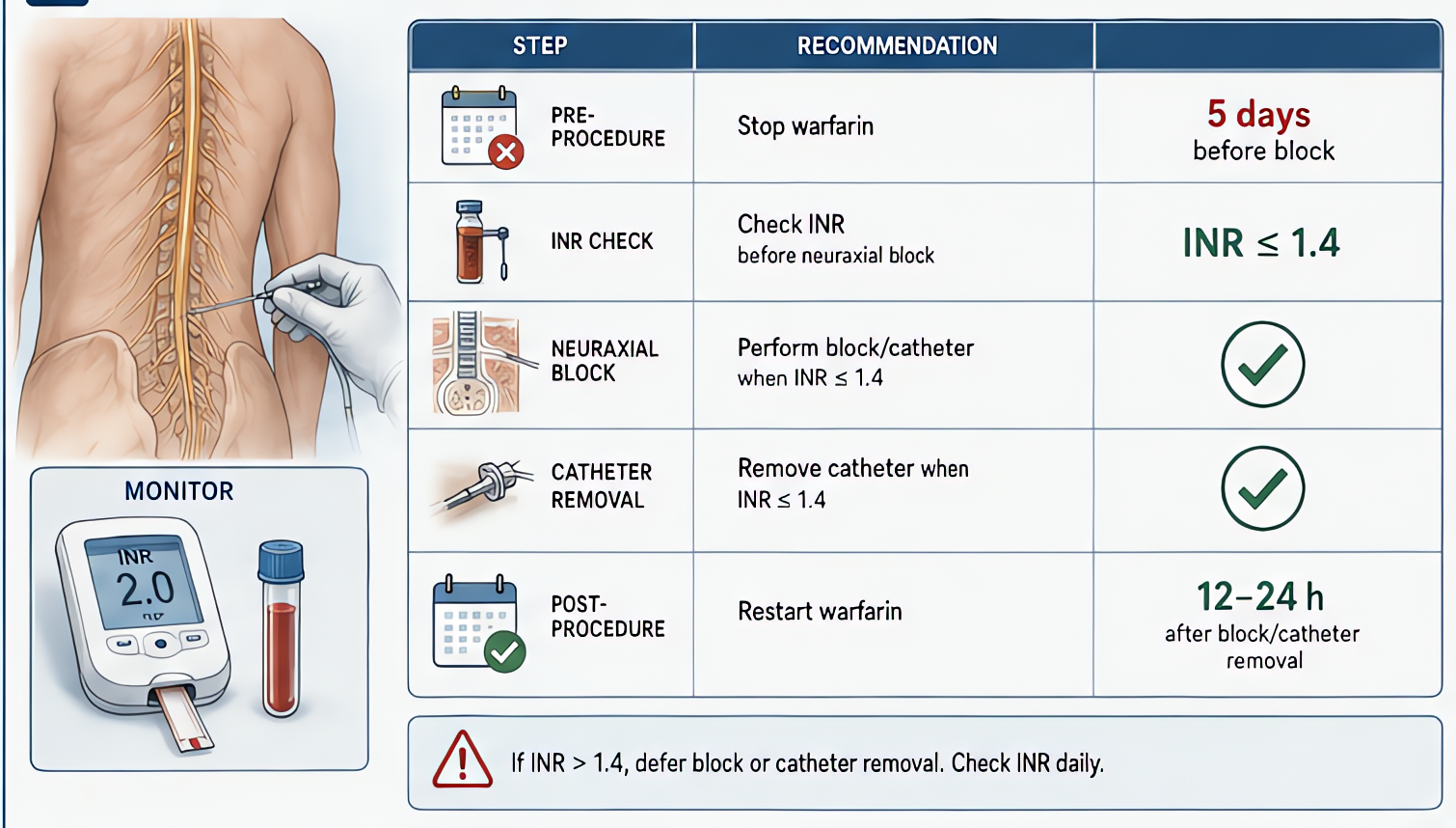ASRA timing for warfarin: stop 5 days before neuraxial block; verify INR ≤1.4 before procedure; remove catheter when INR ≤1.4; restart warfarin 12-24 h after block/catheter removal; recheck INR daily