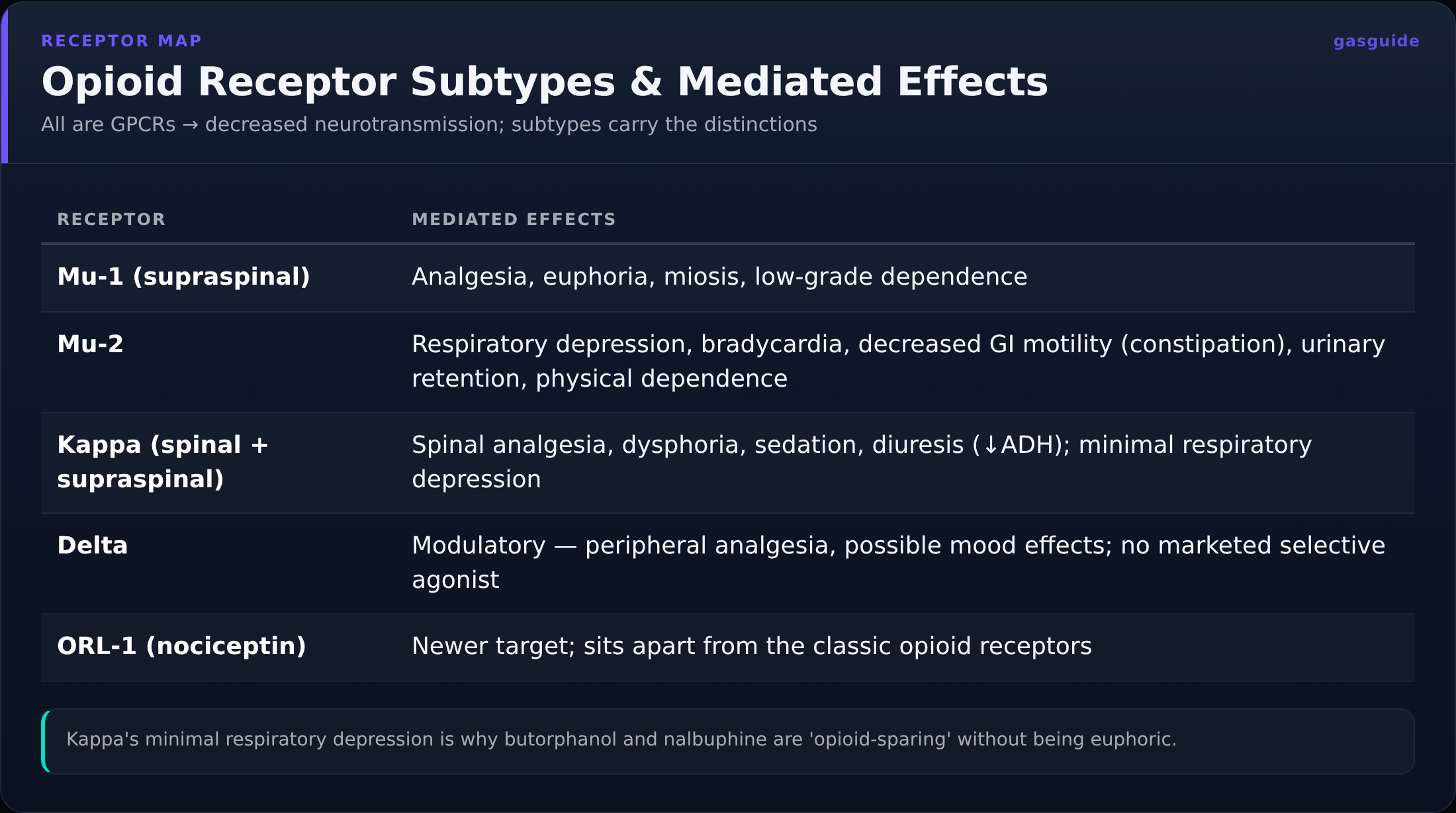 Opioid Receptor Subtypes & Mediated Effects — All are GPCRs → decreased neurotransmission; subtypes carry the distinctions