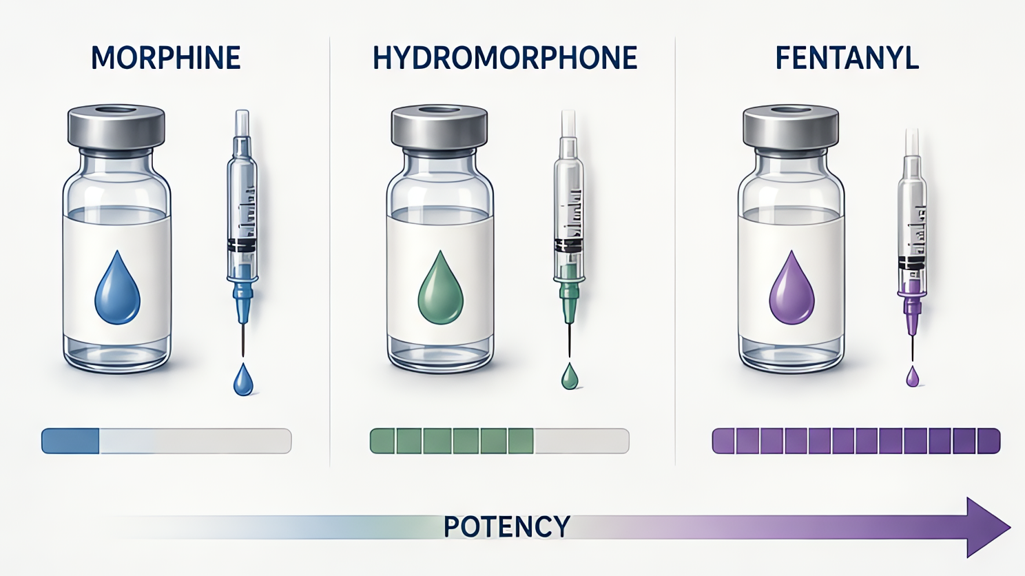 Opioid potency comparison: morphine 1× reference, hydromorphone ~5–7×, fentanyl ~100× morphine. Lipophilicity shapes onset and CSHT, with fentanyl most rapid; equianalgesic dosing prevents overdose.