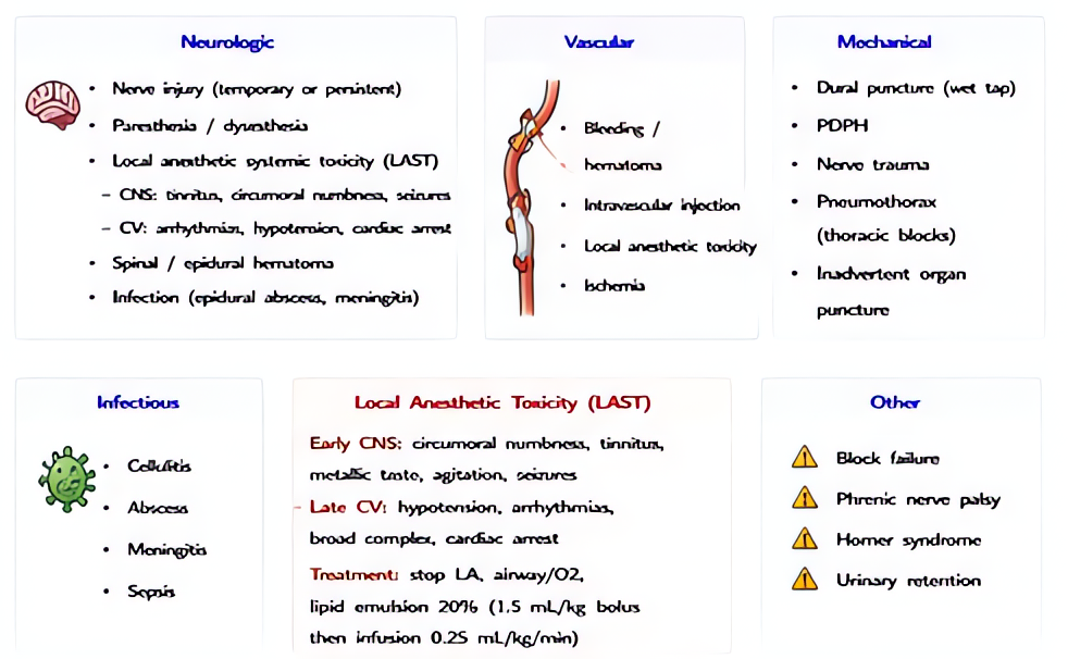 Regional anesthesia complications overview: LAST (perioral numbness, seizures, cardiac arrest), nerve injury, hematoma, infection, intravascular injection, total spinal, PDPH; ultrasound and ASRA guid