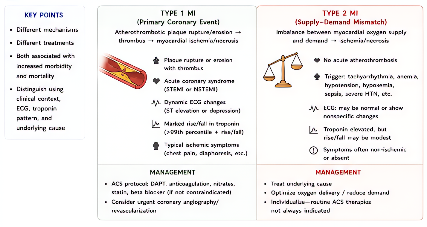 Type 1 vs Type 2 myocardial infarction: Type 1 = atherosclerotic plaque rupture/thrombosis; Type 2 = demand-supply mismatch (tachycardia, hypotension, anemia); perioperative MIs frequently Type 2.