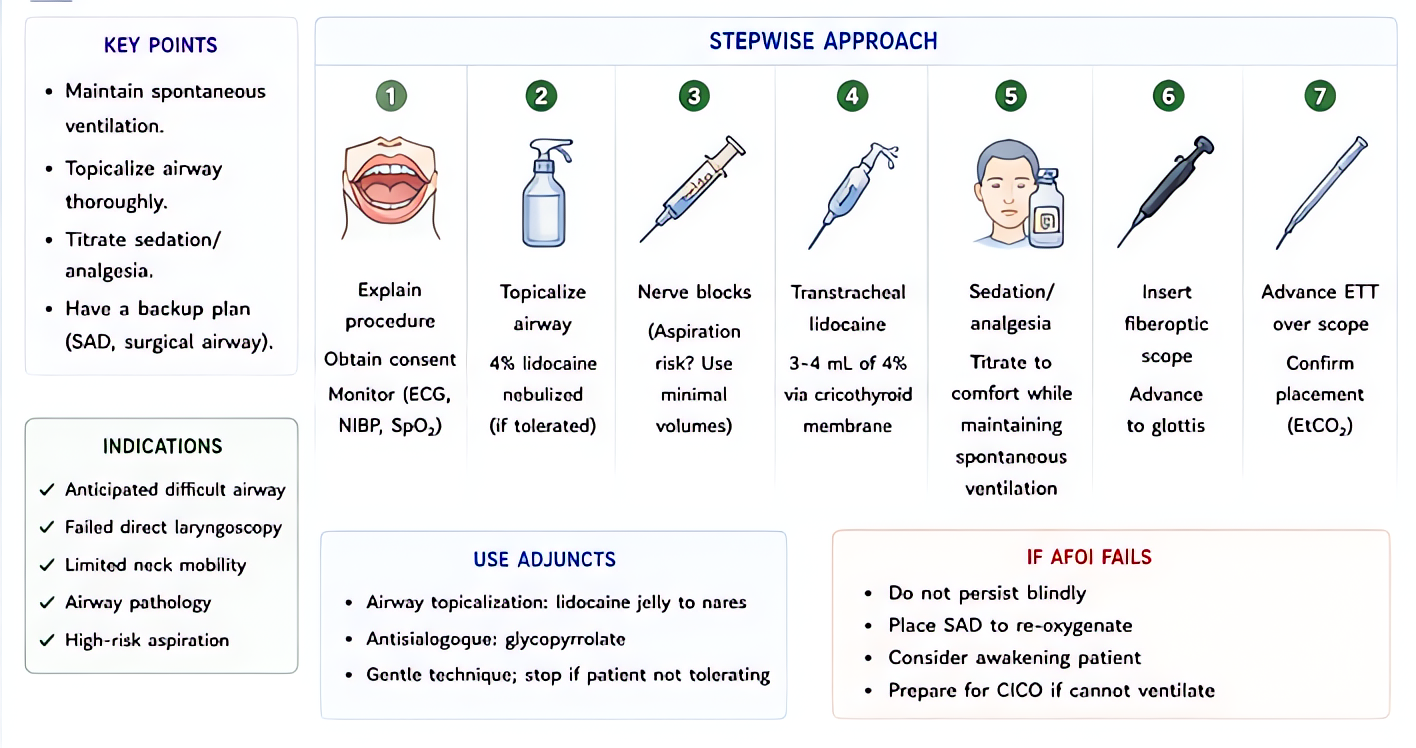 Awake fiberoptic intubation, stepwise: consent and monitors; topicalize (4% lidocaine nebulized); airway nerve blocks; transtracheal lidocaine via the cricothyroid membrane; titrated sedation maintain