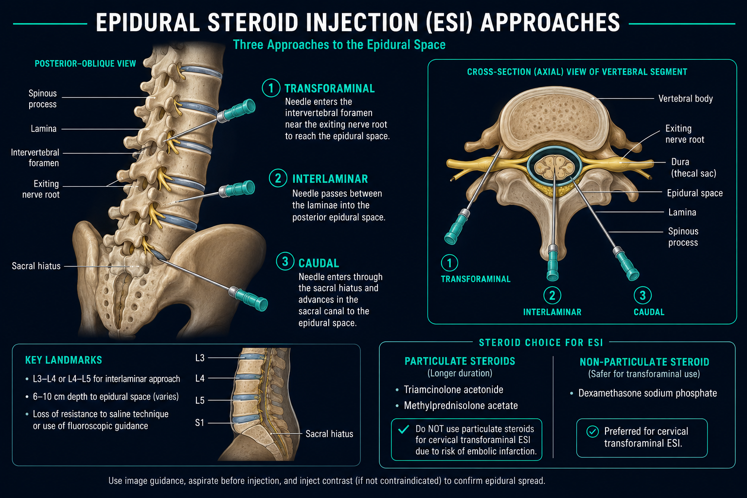 Transforaminal, interlaminar, and caudal ESI approaches; particulate vs non-particulate steroid safety.