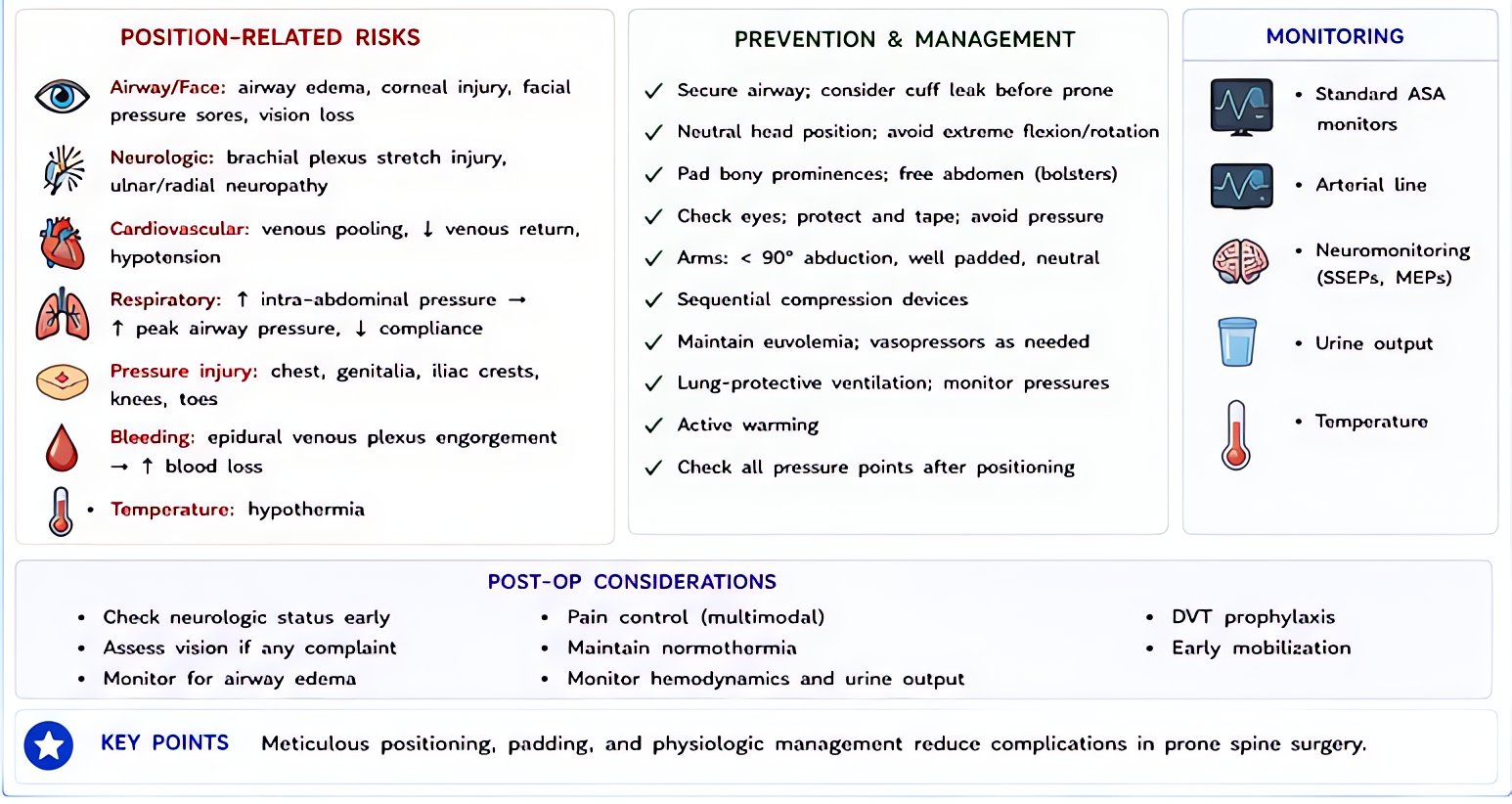 Prone positioning, organized as risks, prevention, monitoring, and what to watch for afterward. The risk column runs head to toe: airway edema, corneal injury, facial pressure sores and vision loss at