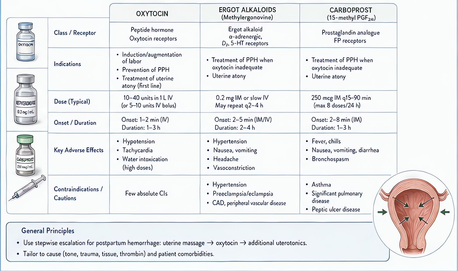 Uterotonics for postpartum hemorrhage: oxytocin (1st line, V1/oxytocin receptor), methylergonovine 0.2 mg IM (avoid in HTN/preeclampsia), carboprost 250 mcg IM (avoid in asthma), misoprostol 800-1000