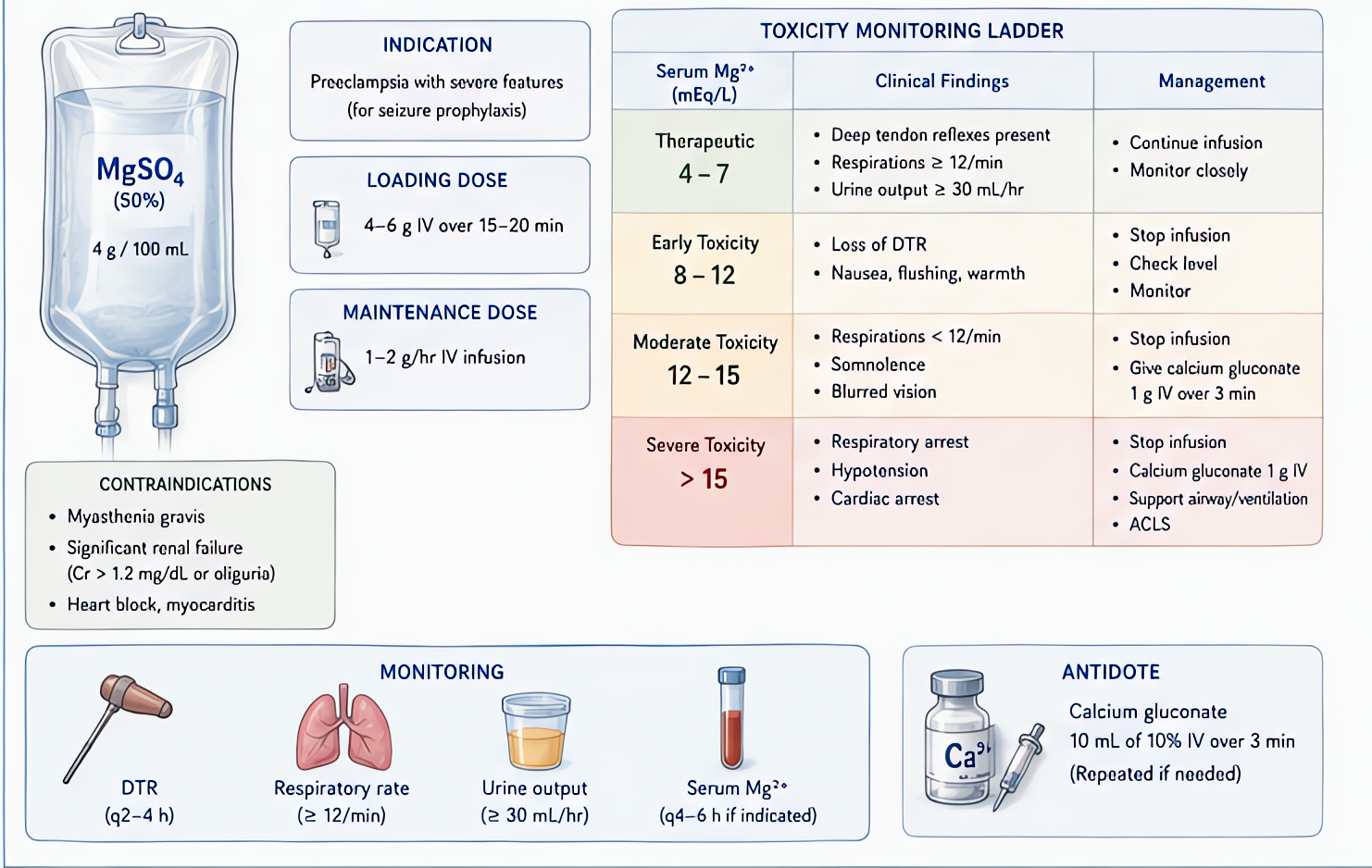 MgSO4 for seizure prophylaxis in severe preeclampsia: loading 4-6 g IV over 15-20 min, maintenance 1-2 g/h; monitor deep tendon reflexes, respiratory rate, urine output, and magnesium level; antidote
