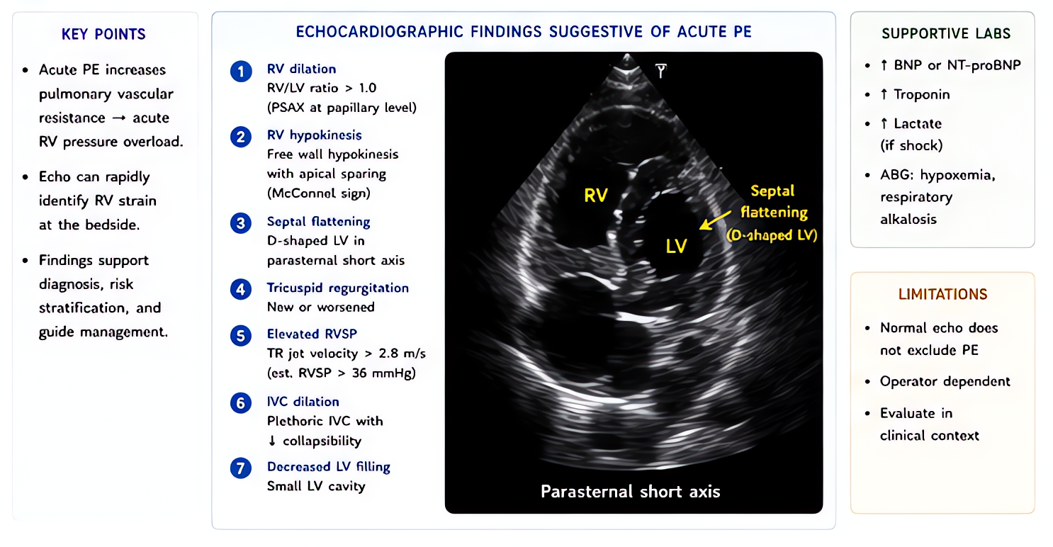 RV strain on echocardiography in acute PE: dilated RV, septal flattening (D-sign), McConnell's sign (apical sparing of free wall hypokinesis); supports diagnosis and risk stratification.