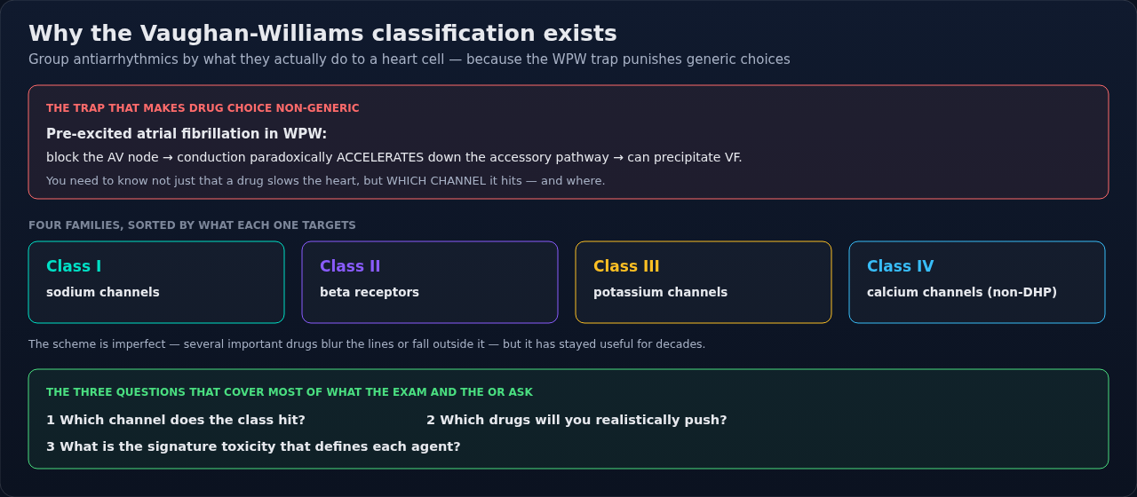 The Vaughan-Williams classification, sorting antiarrhythmic drugs into four families by the channel or receptor each one targets. Treat it as the map for the rest of the lecture, not a lookup table.