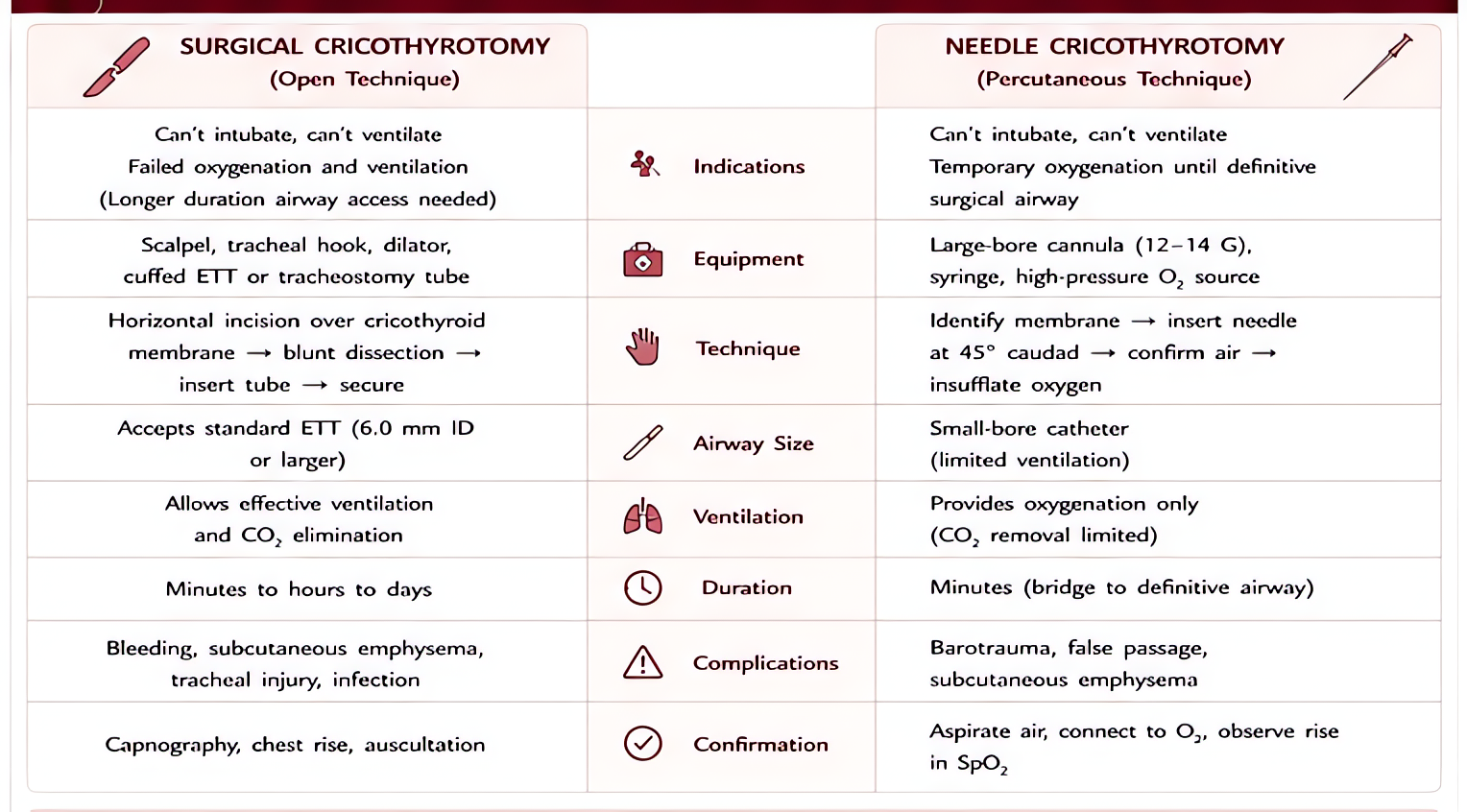 Surgical and needle cricothyrotomy set side by side, row by row. The surgical technique is a horizontal incision over the cricothyroid membrane, blunt dissection, then a tube secured in place, using a