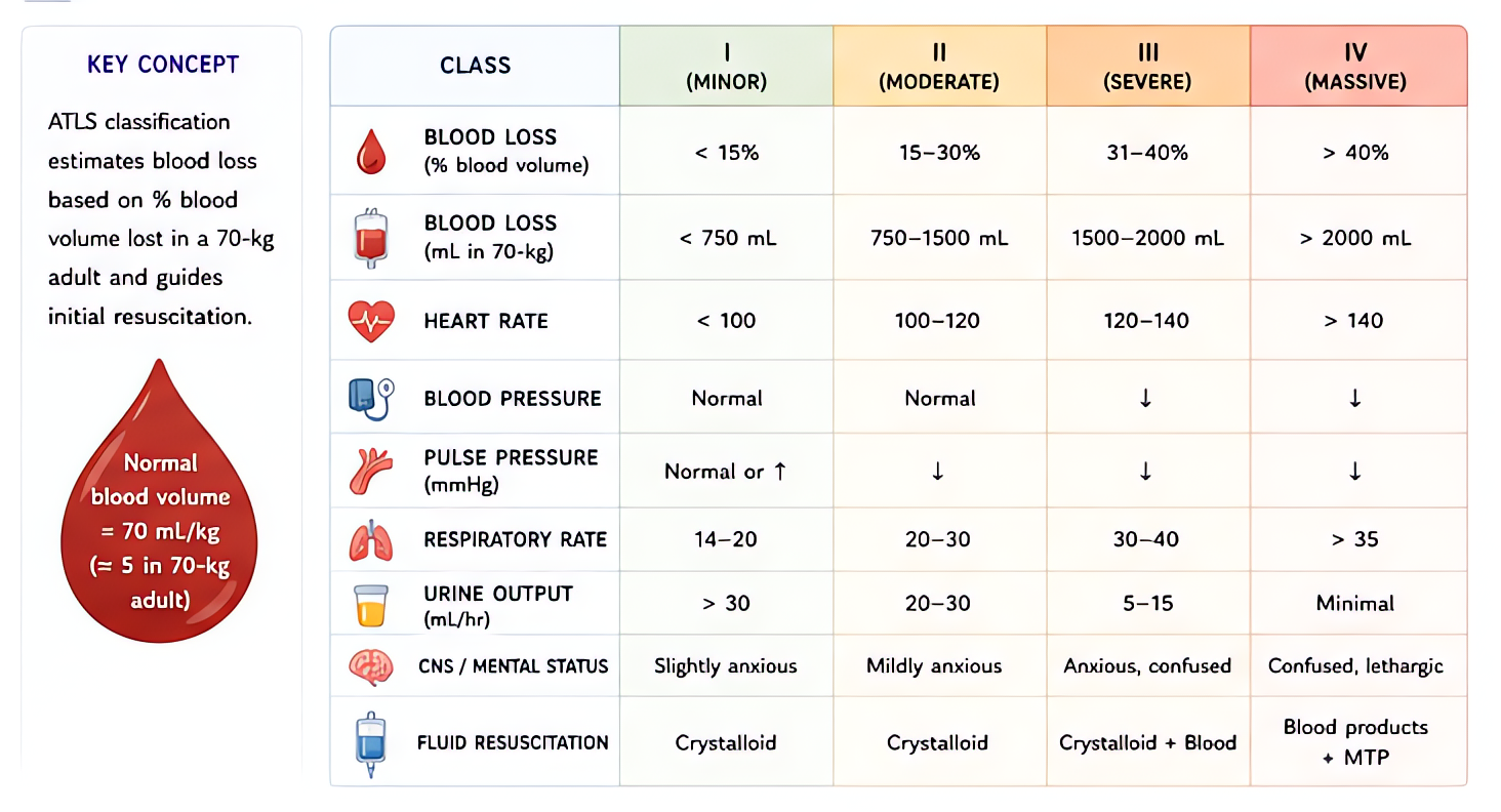 ATLS classes of hemorrhage (I-IV): Class I <15% (mild HR); II 15-30% (tachycardia, narrow pulse pressure); III 30-40% (hypotension); IV >40% (severe shock); guides resuscitation urgency.