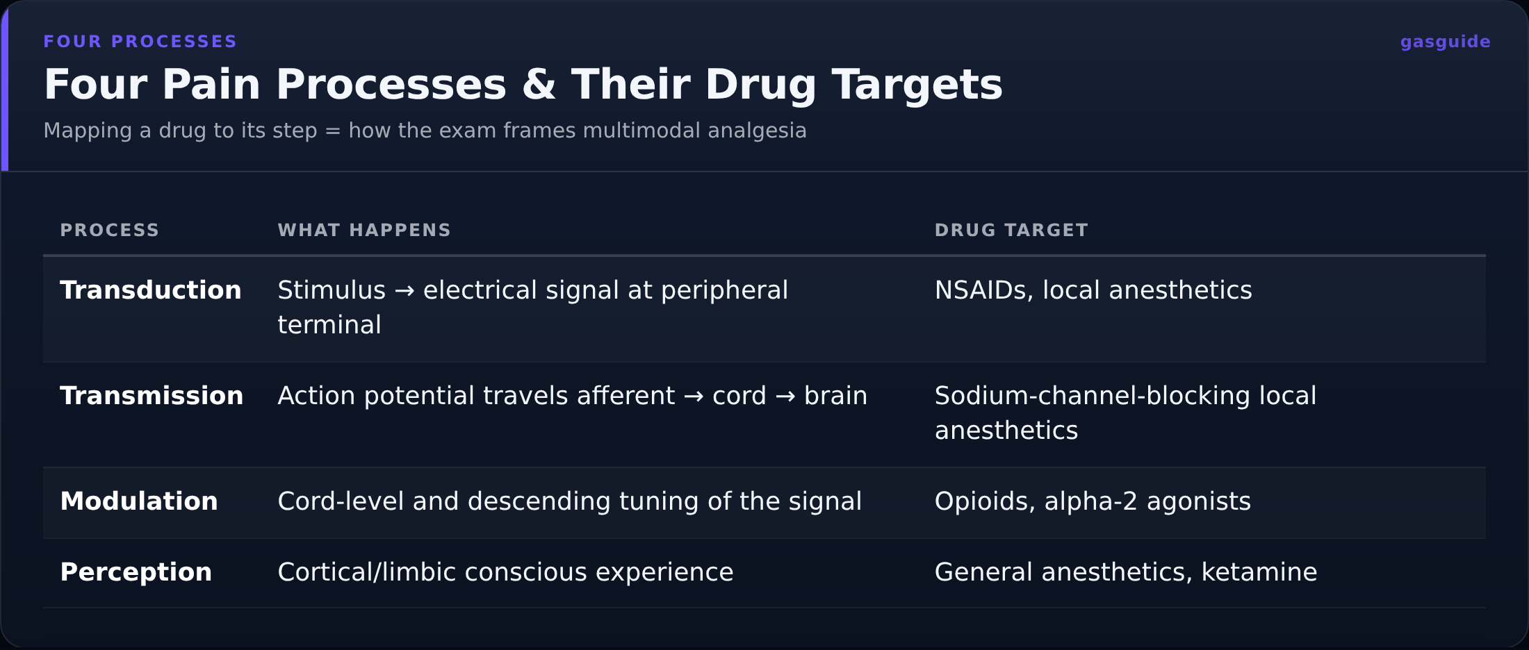 Four Pain Processes & Their Drug Targets — Mapping a drug to its step = how the exam frames multimodal analgesia