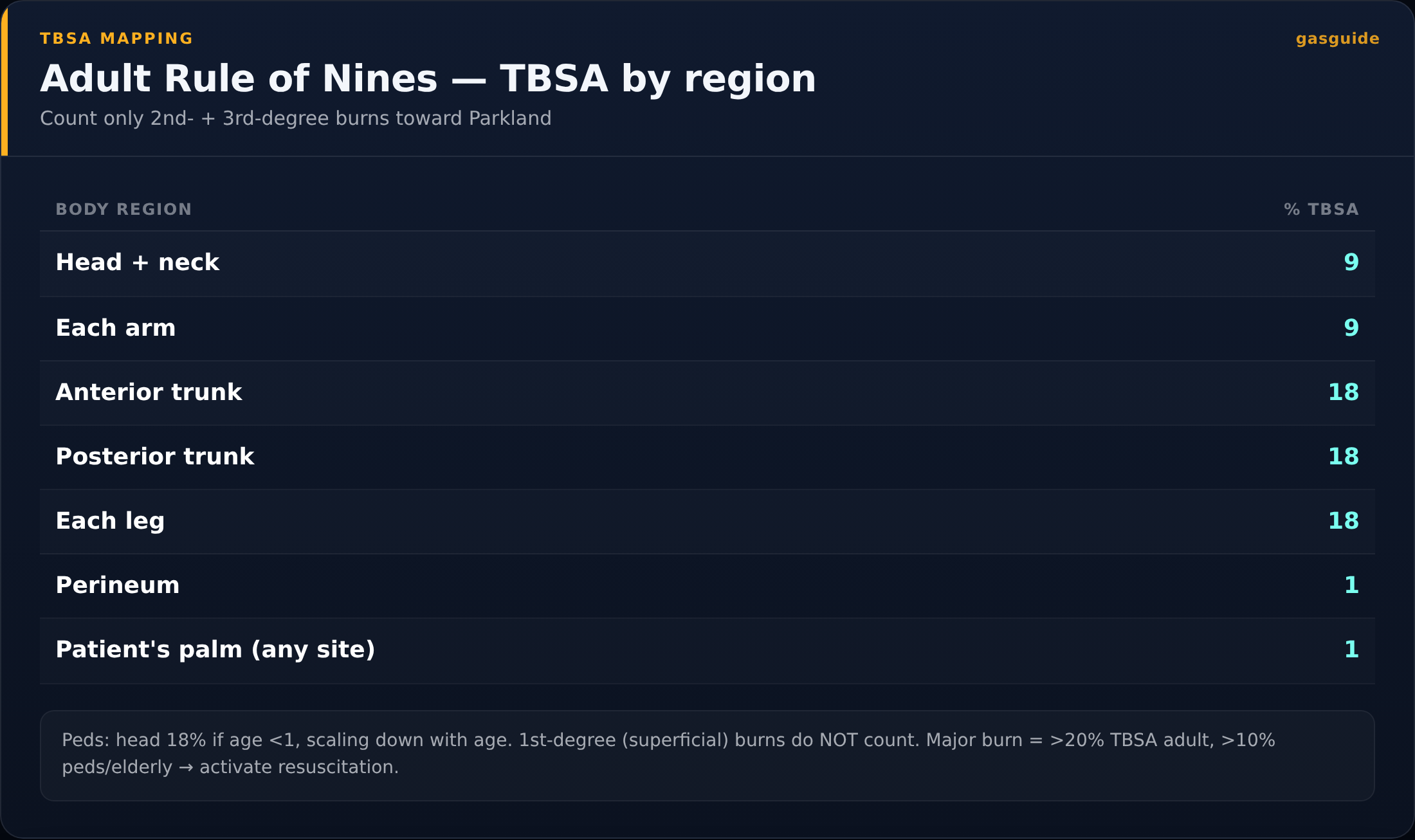 Adult Rule of Nines — TBSA by region — Count only 2nd- + 3rd-degree burns toward Parkland