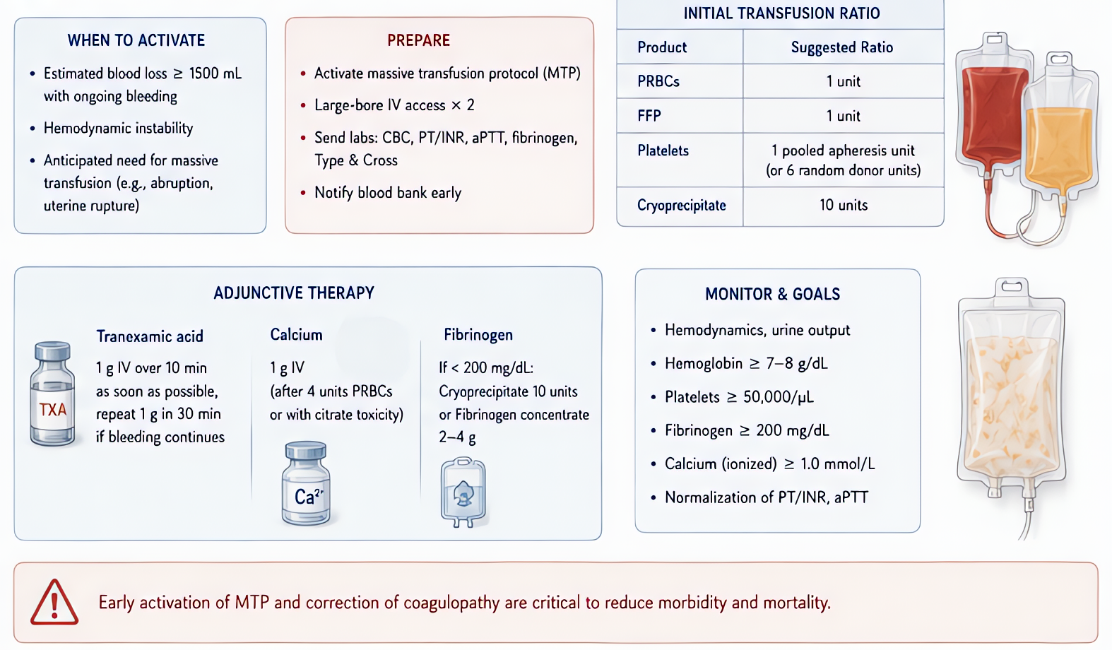Massive transfusion in OB hemorrhage: activate MTP with 1:1:1 PRBC:FFP:platelets ratio; supplement fibrinogen (cryoprecipitate, fibrinogen concentrate) and calcium; early TXA (1 g within 3 h) reduces