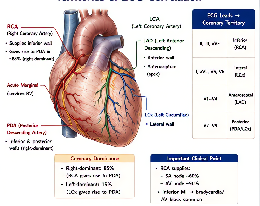 Coronary arteries: territories and ECG correlation. LAD supplies anterior wall (V1-V4 leads), LCx lateral wall (I, aVL, V5-V6), RCA inferior wall (II, III, aVF) and RV; recognize STEMI distribution.