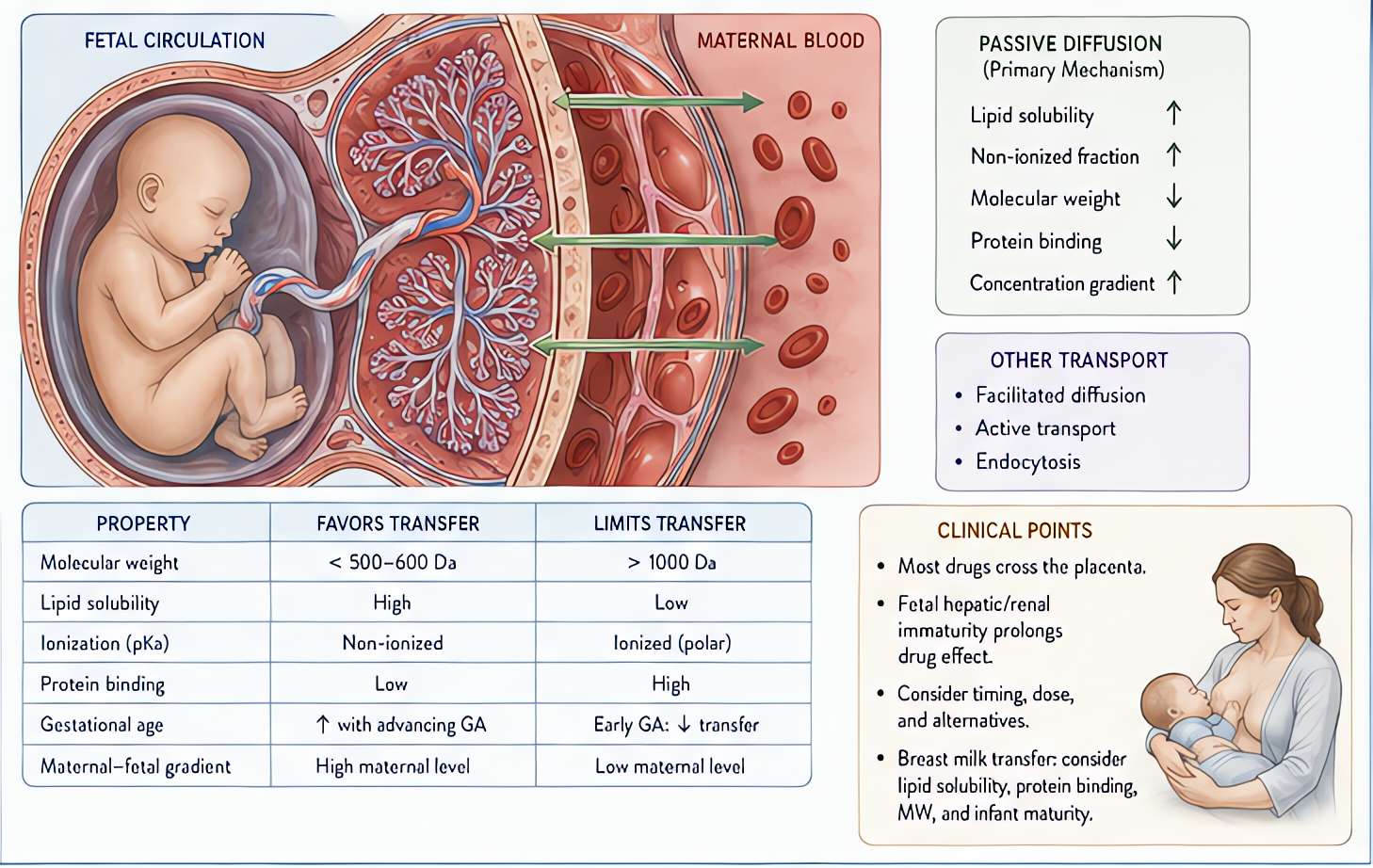 Placental drug transfer principles: passive diffusion most common; favored by low MW (<500), lipid solubility, non-ionized, low protein binding; most anesthetic agents cross placenta readily.