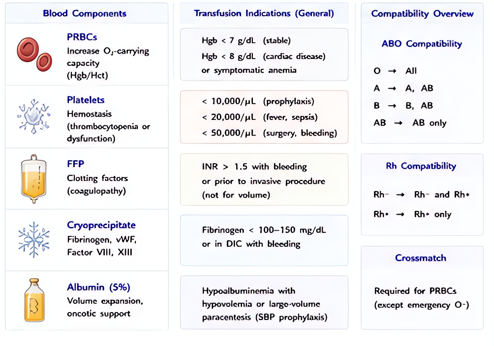 Transfusion medicine: components include PRBC (raise Hgb ~1 g/dL/unit), FFP (clotting factors, 10-15 mL/kg), platelets (raise count ~30k/unit), cryoprecipitate (fibrinogen, vWF).