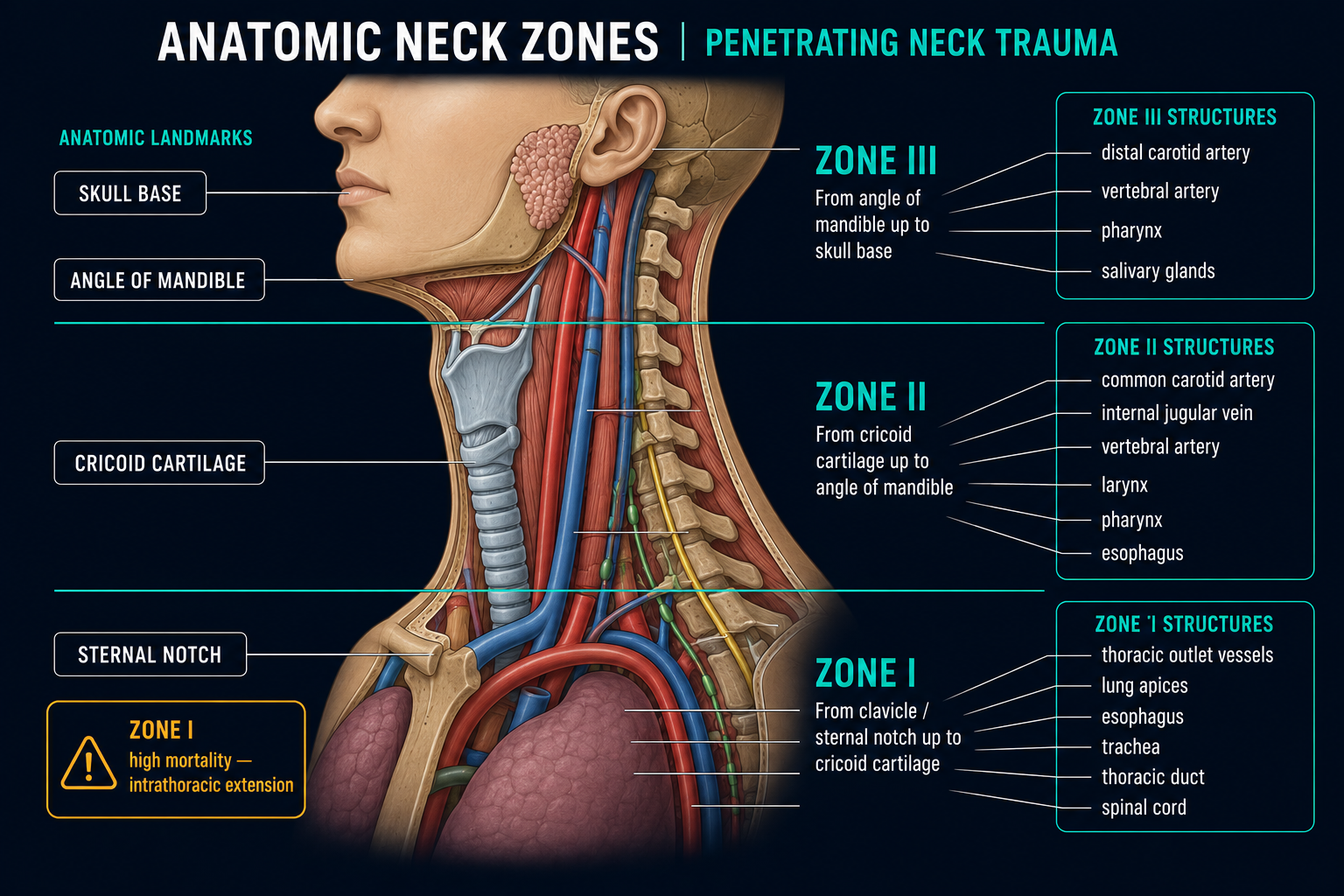 Anatomic neck zones I–III and the structures at risk in penetrating trauma.
