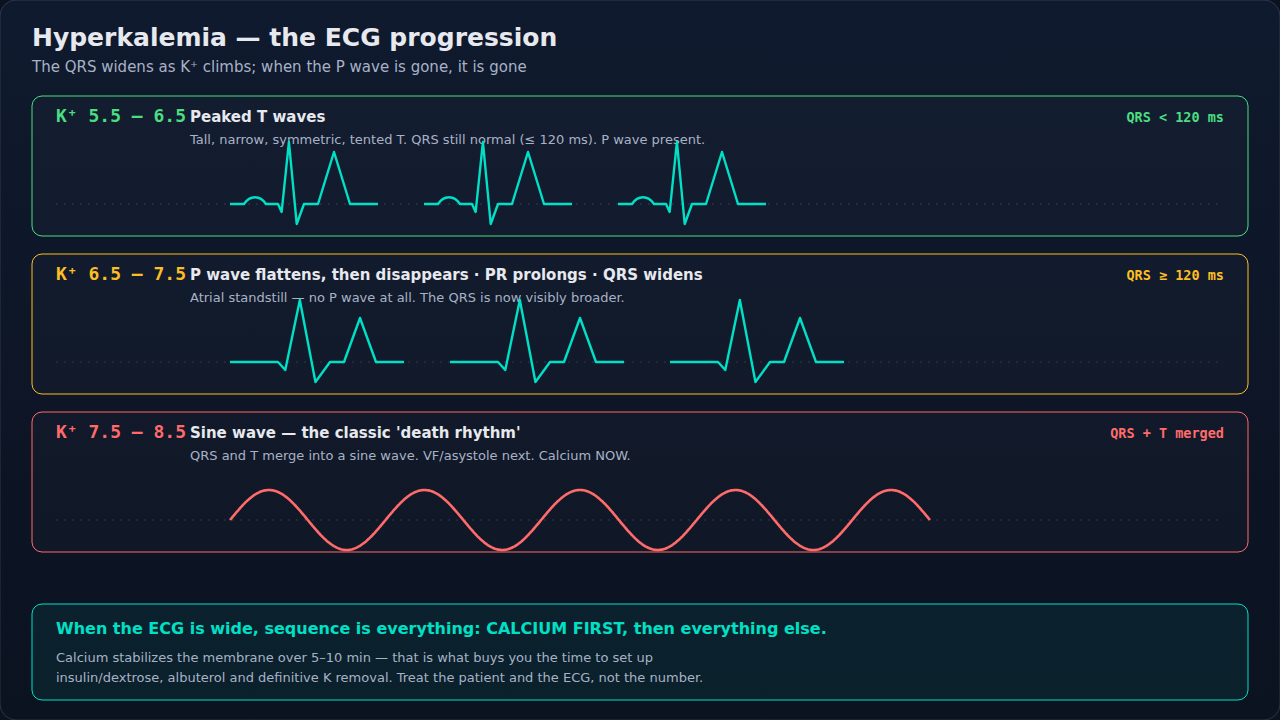 Three ECG rows drawn to scale: peaked T waves at K⁺ 5.5–6.5 with a normal QRS, loss of the P wave with a visibly wider QRS at 6.5–7.5, and the sine wave at 7.5–8.5. Calcium first when the ECG is wide.