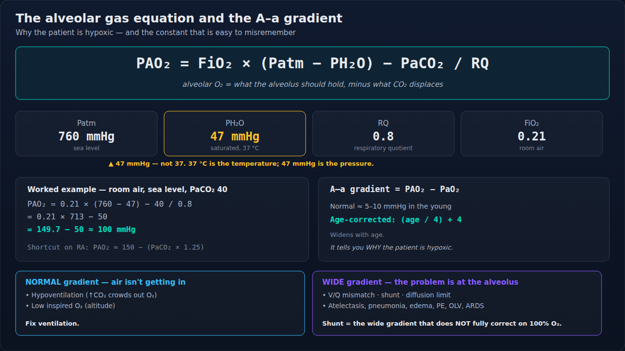 Alveolar gas equation with its four constants — PH₂O is 47 mmHg — a worked example on room air giving PAO₂ ≈ 100 mmHg, the A–a gradient definition with the age-corrected normal (age/4)+4, and the norm