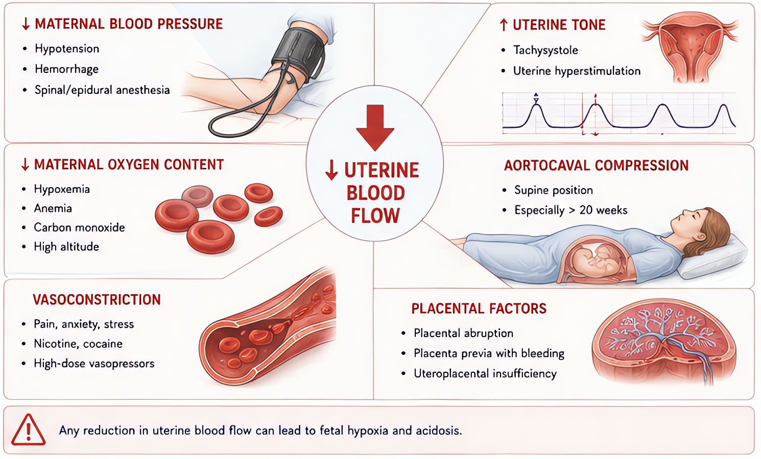 Factors decreasing uterine blood flow: maternal hypotension (hemorrhage, sympathectomy), low O2 content, increased uterine tone (tachysystole, hypertonus), aortocaval compression (supine >20 weeks), p
