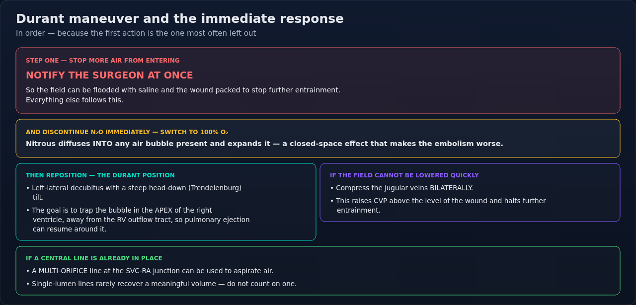 The immediate response to a venous air embolism, from stopping further entrainment through repositioning the patient. Read it as an order of actions: the earliest ones are what keep the embolism from