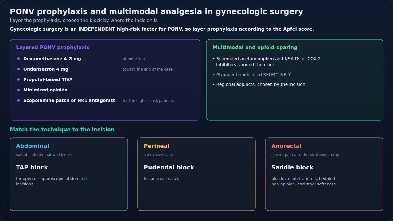 PONV prophylaxis layered by risk score, alongside an opioid-sparing analgesic plan. The organizing idea is matching: risk score sets how many antiemetic layers, and the incision sets which regional bl