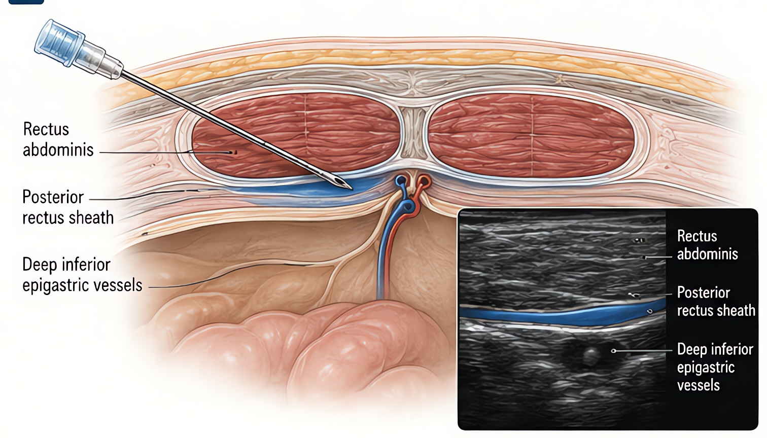 Rectus sheath block: local anesthetic deposited posterior to rectus abdominis, anterior to posterior rectus sheath/deep inferior epigastric vessels; provides somatic analgesia for midline incisions (u