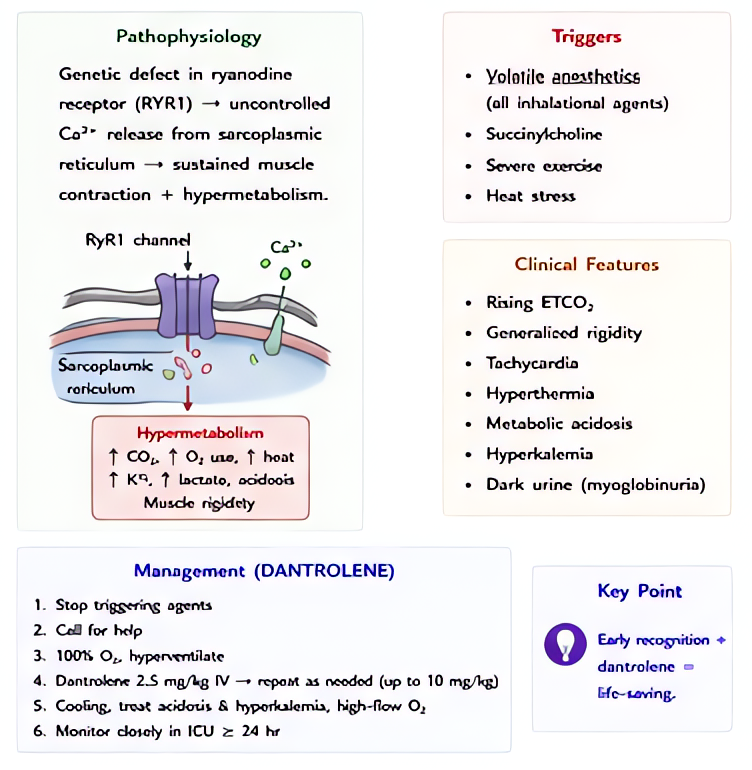 Malignant hyperthermia: RYR1 mutation causing sustained sarcoplasmic Ca release on exposure to volatile agents or succinylcholine. Triggers, early signs (rising EtCO2, masseter rigidity, tachycardia),