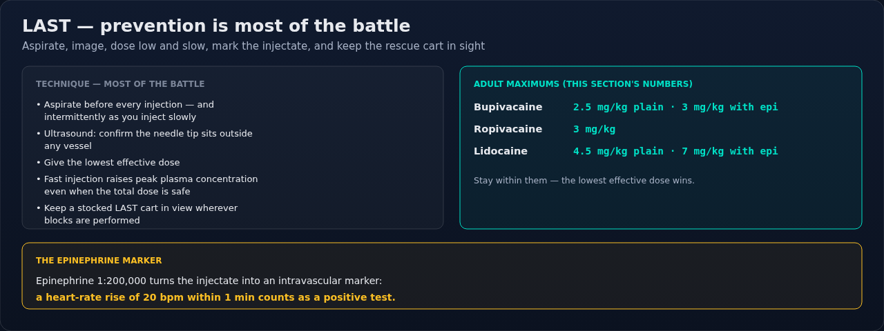 The measures that prevent local anesthetic systemic toxicity before it can start, from needle placement through injection technique, dosing, and readiness. Read these as habits to build rather than fa