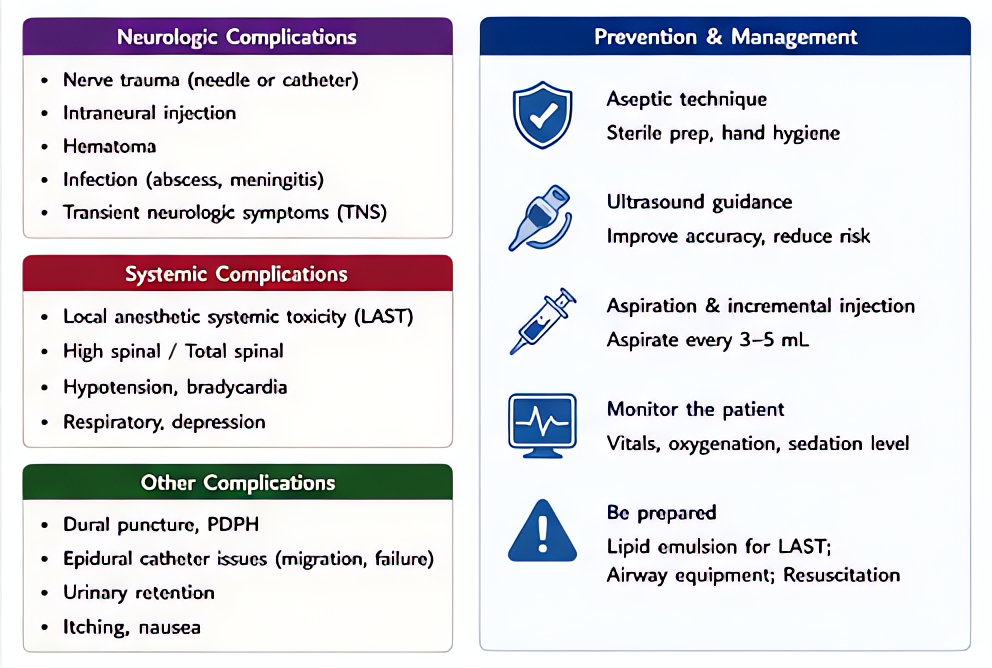 Complications of regional anesthesia: neuro (nerve injury, transient neurologic symptoms, LAST), systemic (cardiovascular collapse, allergy), other (hematoma, infection, PDPH); prevention with ultraso