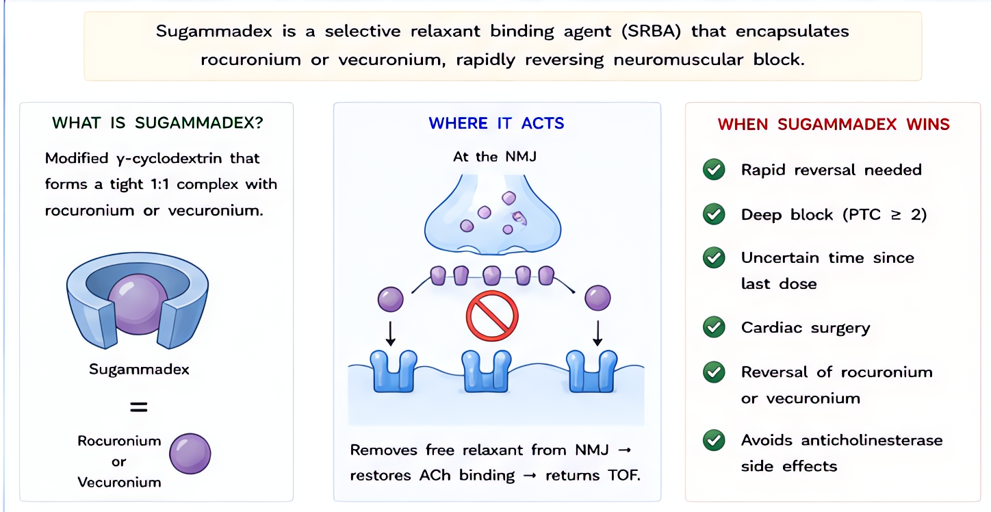 Sugammadex overview: modified gamma-cyclodextrin reverses aminosteroid NMBs by encapsulation; reverses rocuronium and vecuronium but not benzylisoquinolinium agents (atracurium, cisatracurium). Reduce
