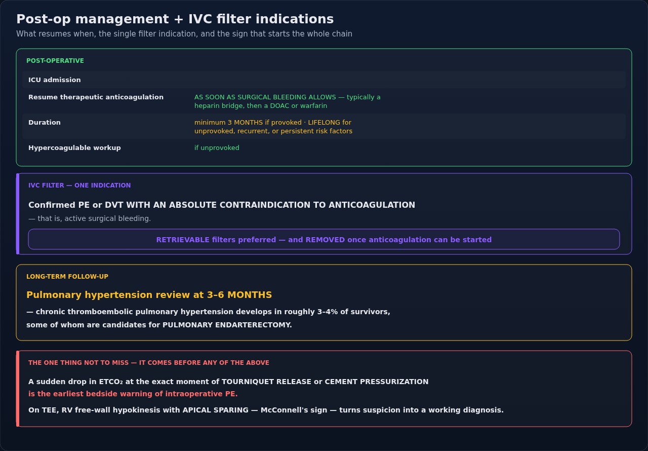 Care after an intraoperative pulmonary embolism: anticoagulation and its duration, when an IVC filter is indicated, and the long-term follow-up. It picks up where the intraoperative rescue leaves off.